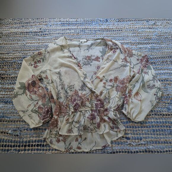 Chiffon Blouse L/S Brown Floral True Wrap Peplum Vneck M Coquette Fairy Grunge - Picture 2 of 6